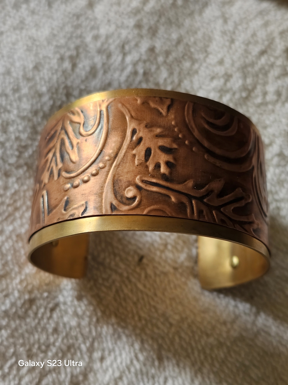 Embossed Copper and Brass Wide Cuff Bracelet